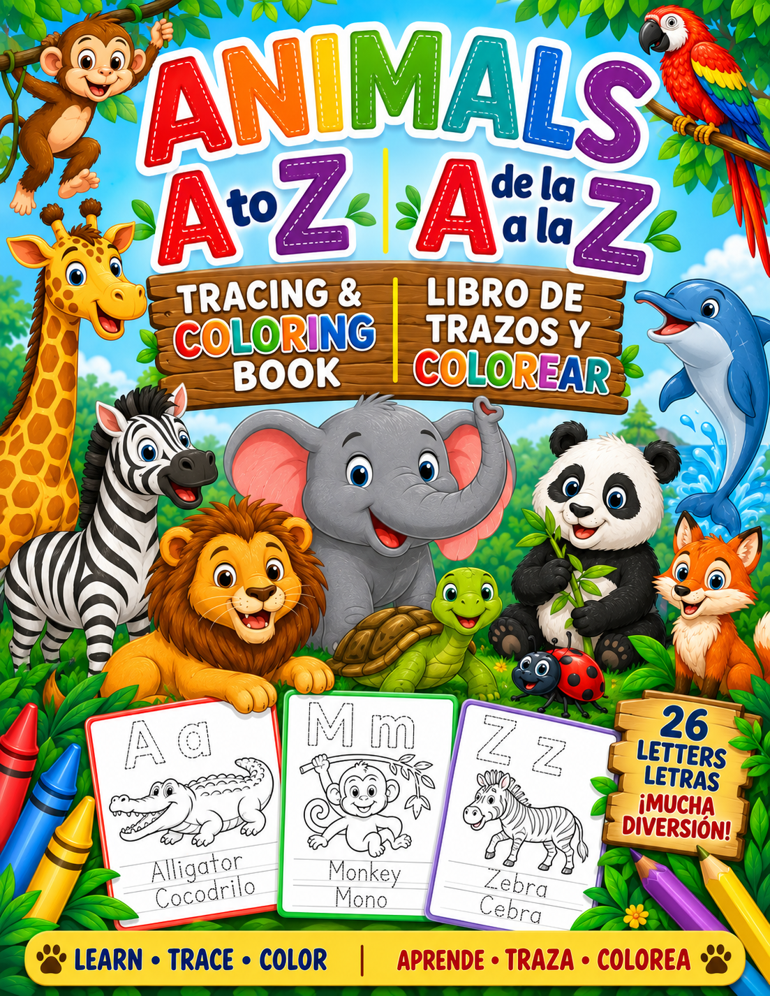 English/Espanol Animals A-Z Tracing Coloring Book